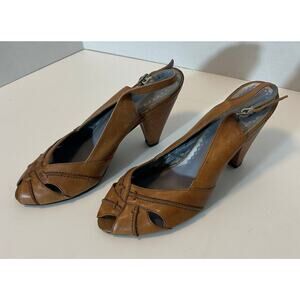 Hush Puppies Tan Leather Peep-Toe Slingback Heels – Size 10M